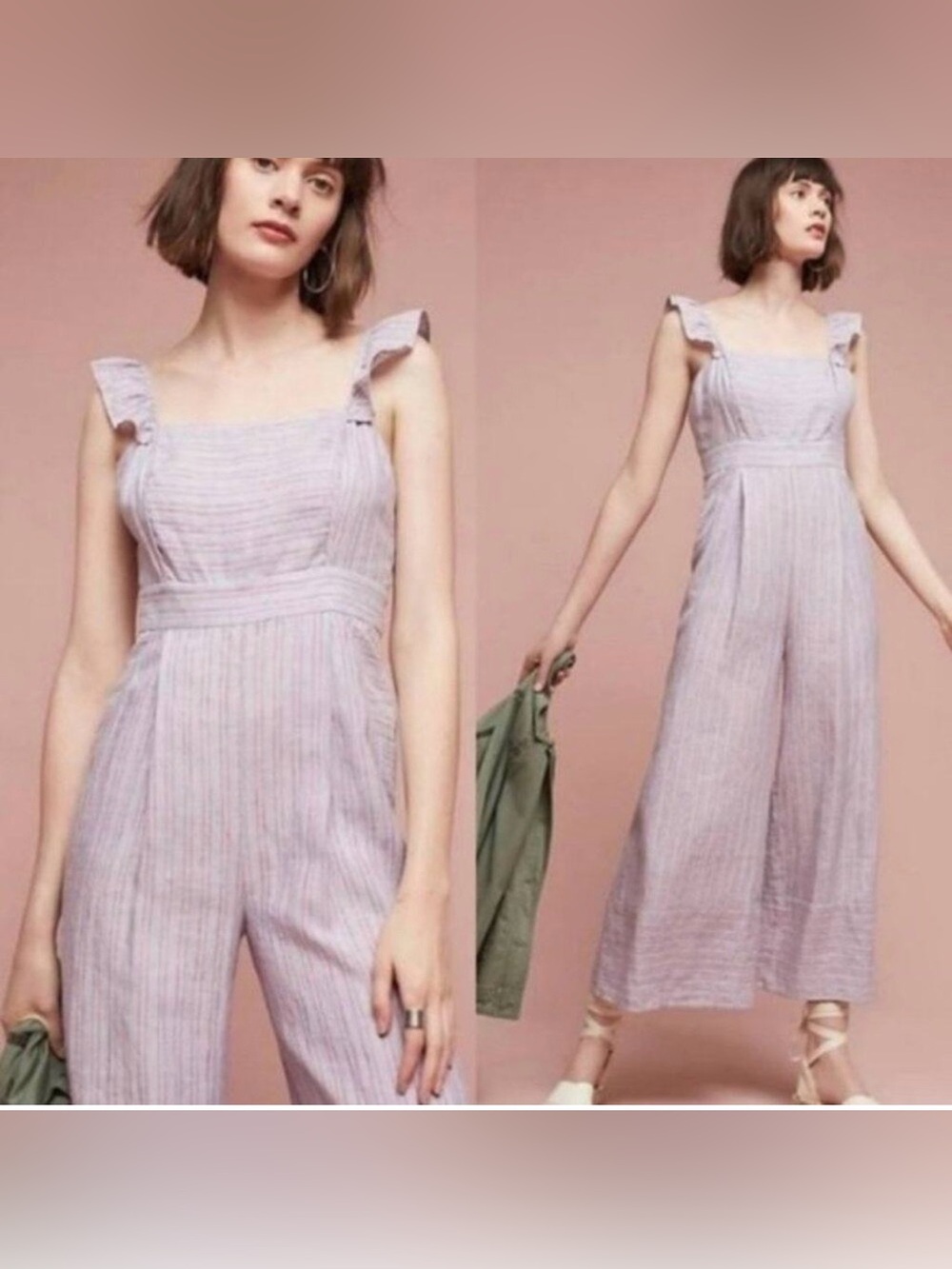 Anthropologie Elevenses Nantucket Jumpsuit 100% Linen Striped Ruffles Size 10